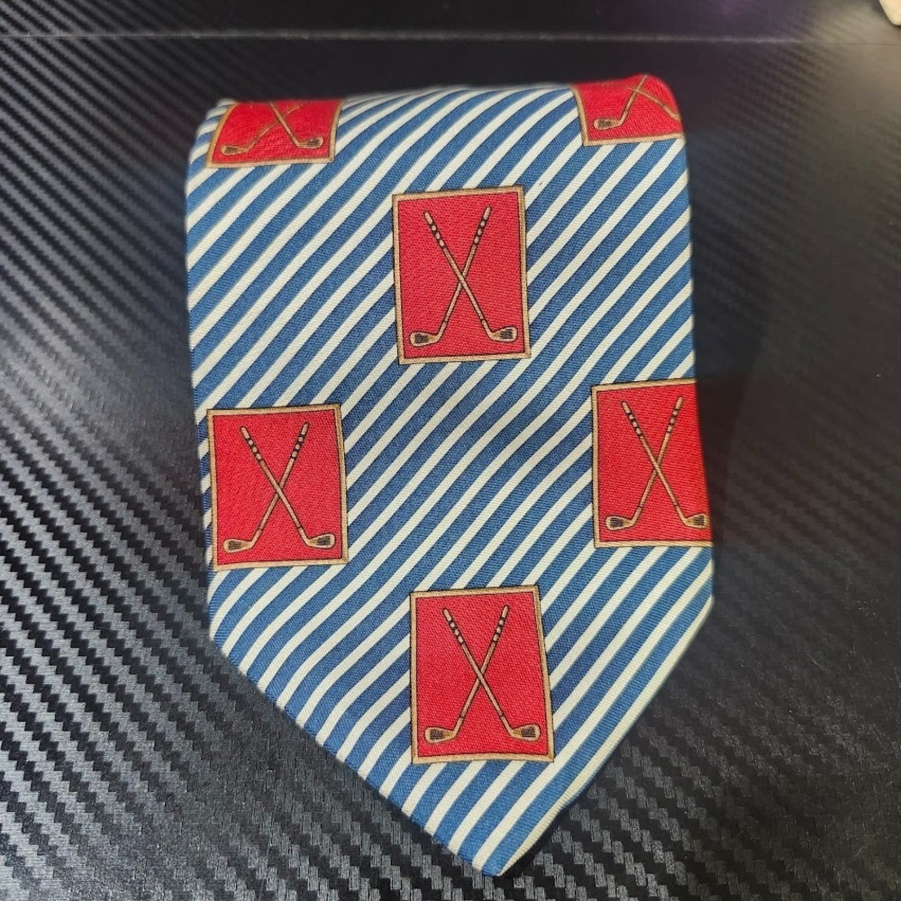 Hunters Bay Blue/White Striped, Golf Design 100% Silk Tie Made in USA